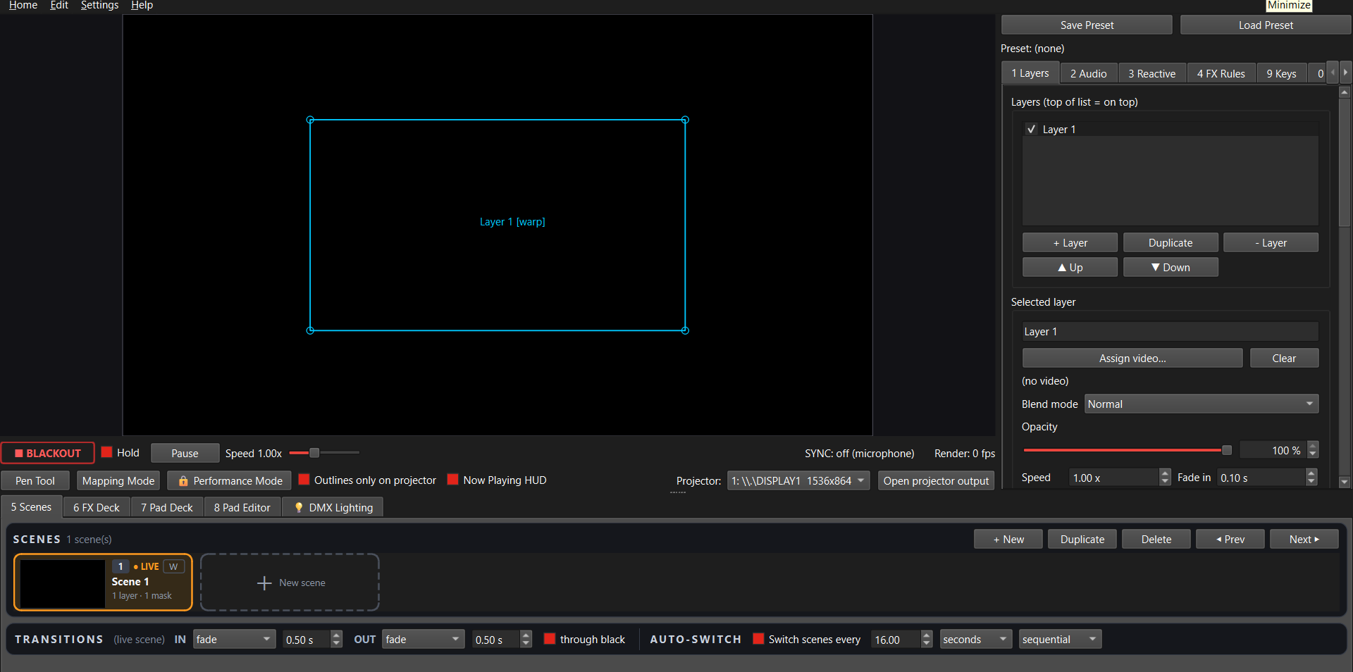 VJ Pro main window with the mapping canvas, layers and scene bar