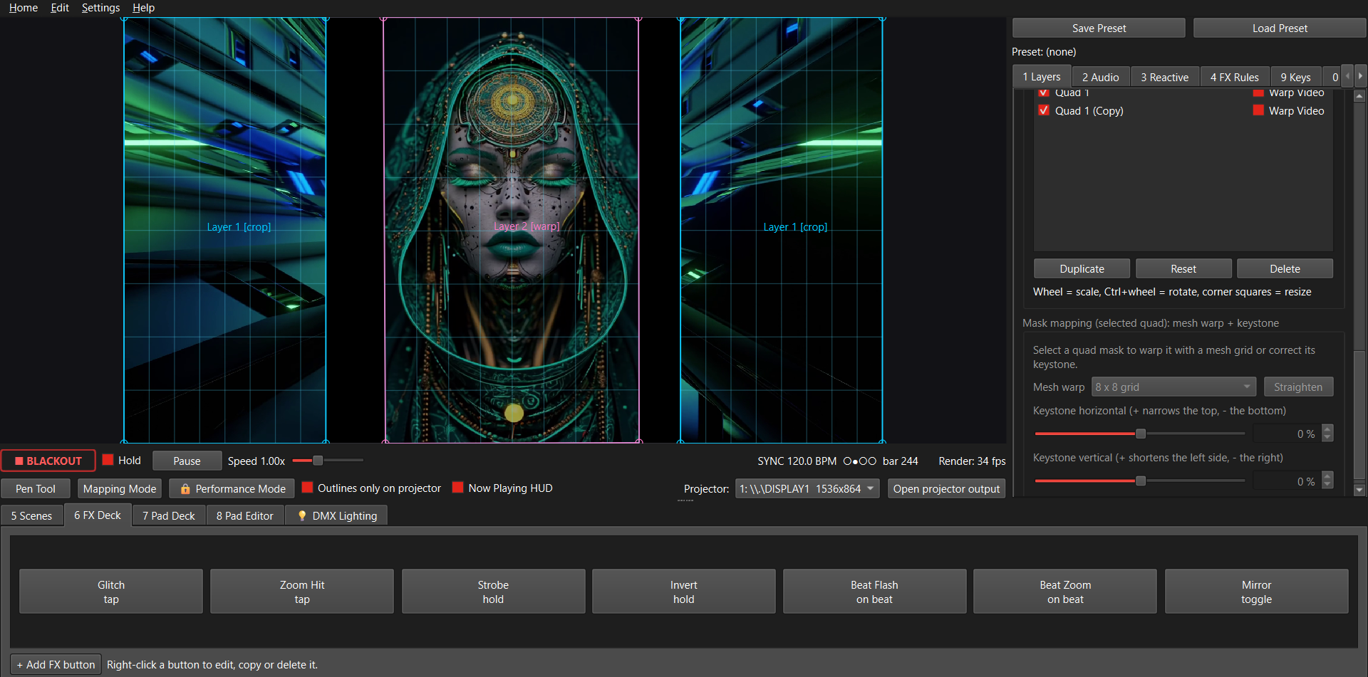 Projection mapping: masks pinned onto stage surfaces