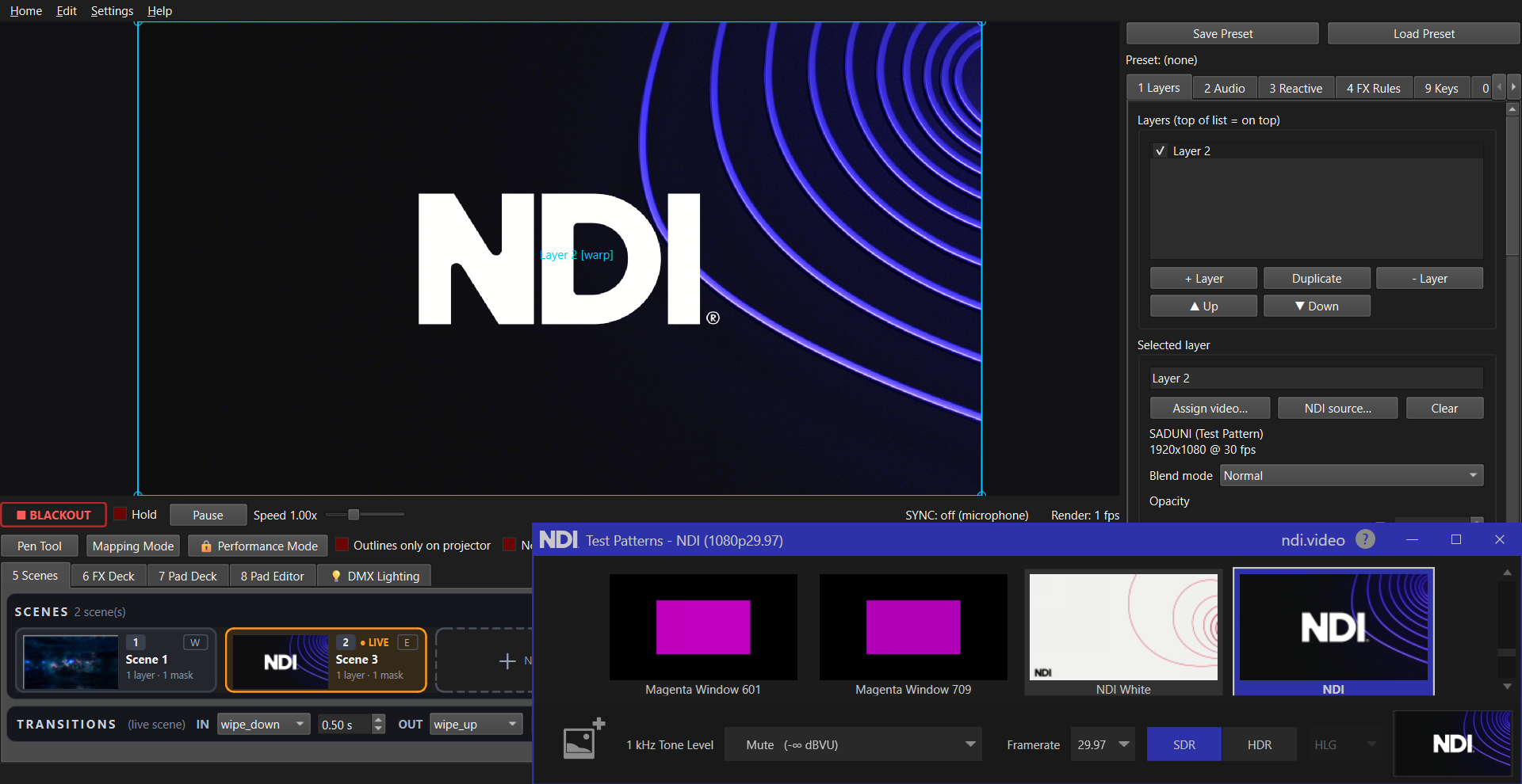 NDI Input: a live network video stream used as a layer inside the mapping masks