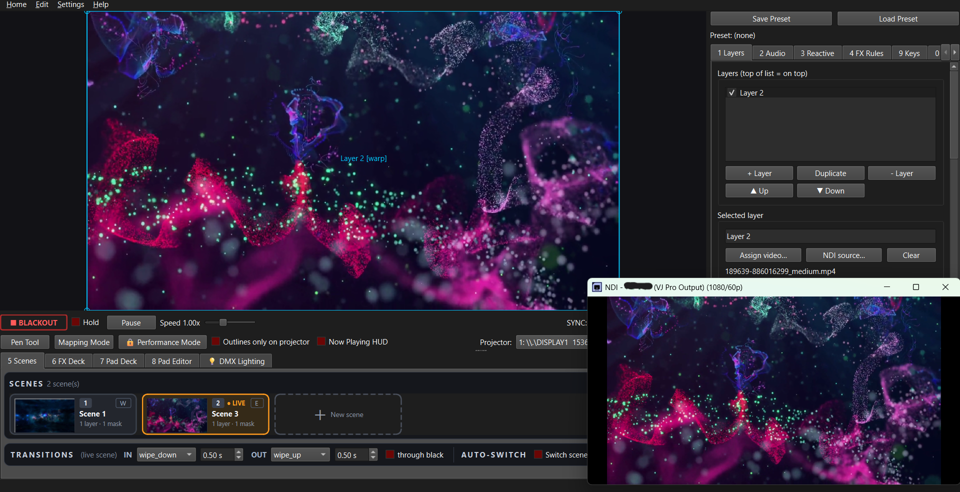 NDI Output: the VJ Pro projector output broadcast as an NDI source on the local network